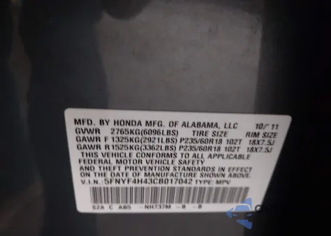 2012 Honda Pilot Ex z USA, uszkodzony, nr VIN 5FNYF4H43CB017042